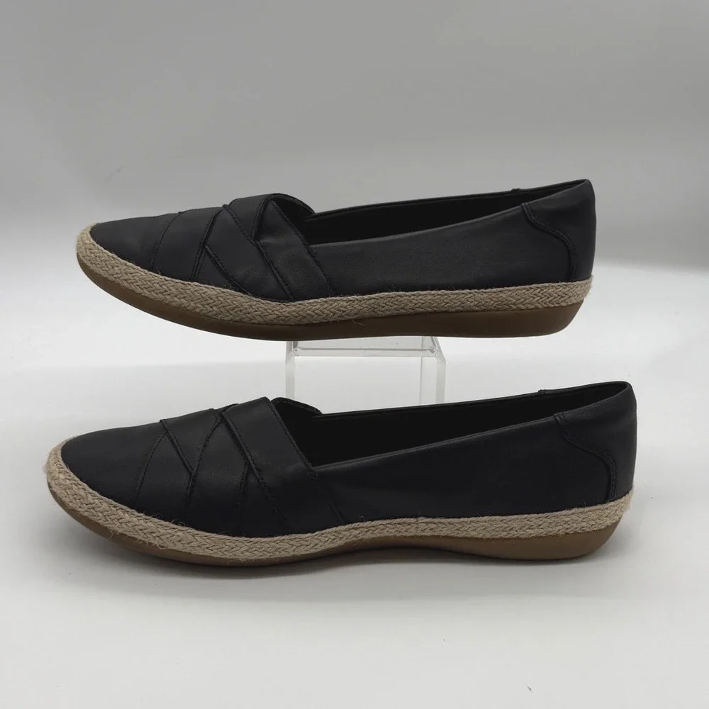 Clarks Espadrille Flats Womens 9.5 Black Leather Danelly Shine Comfort Slip on